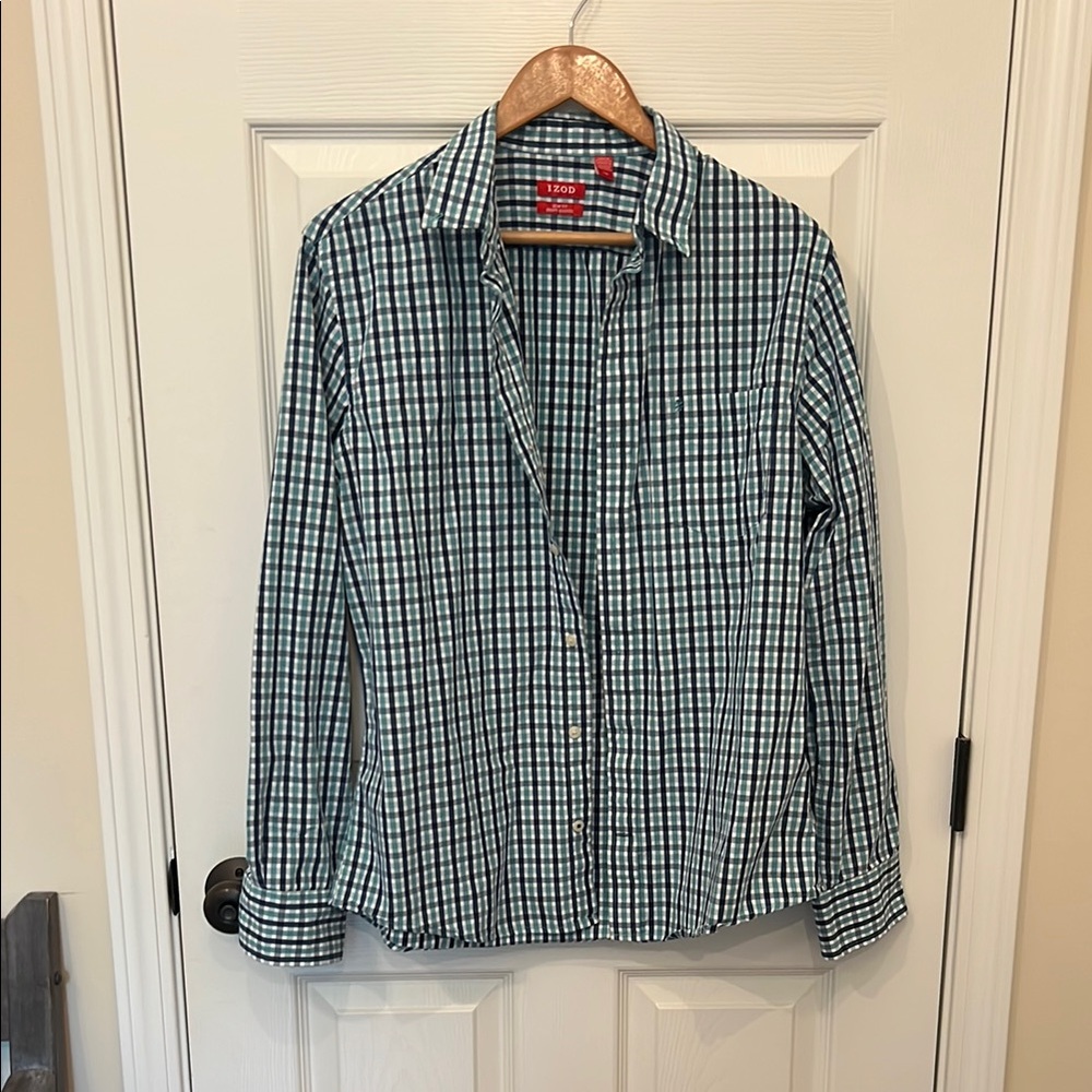 Izod Plaid Shirt in Green and White and Blue mens large slim fit